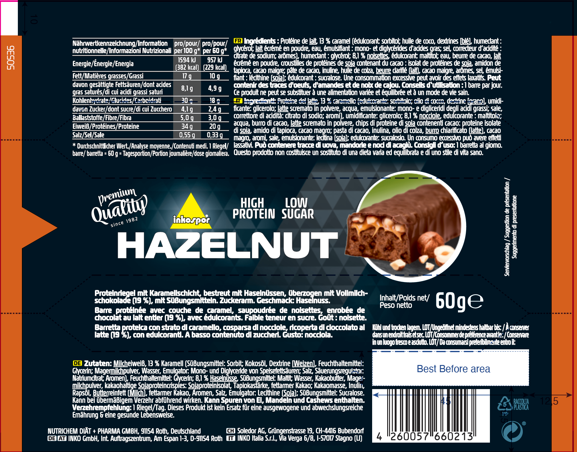 inkospor Haselnuss Riegel Low Sugar
